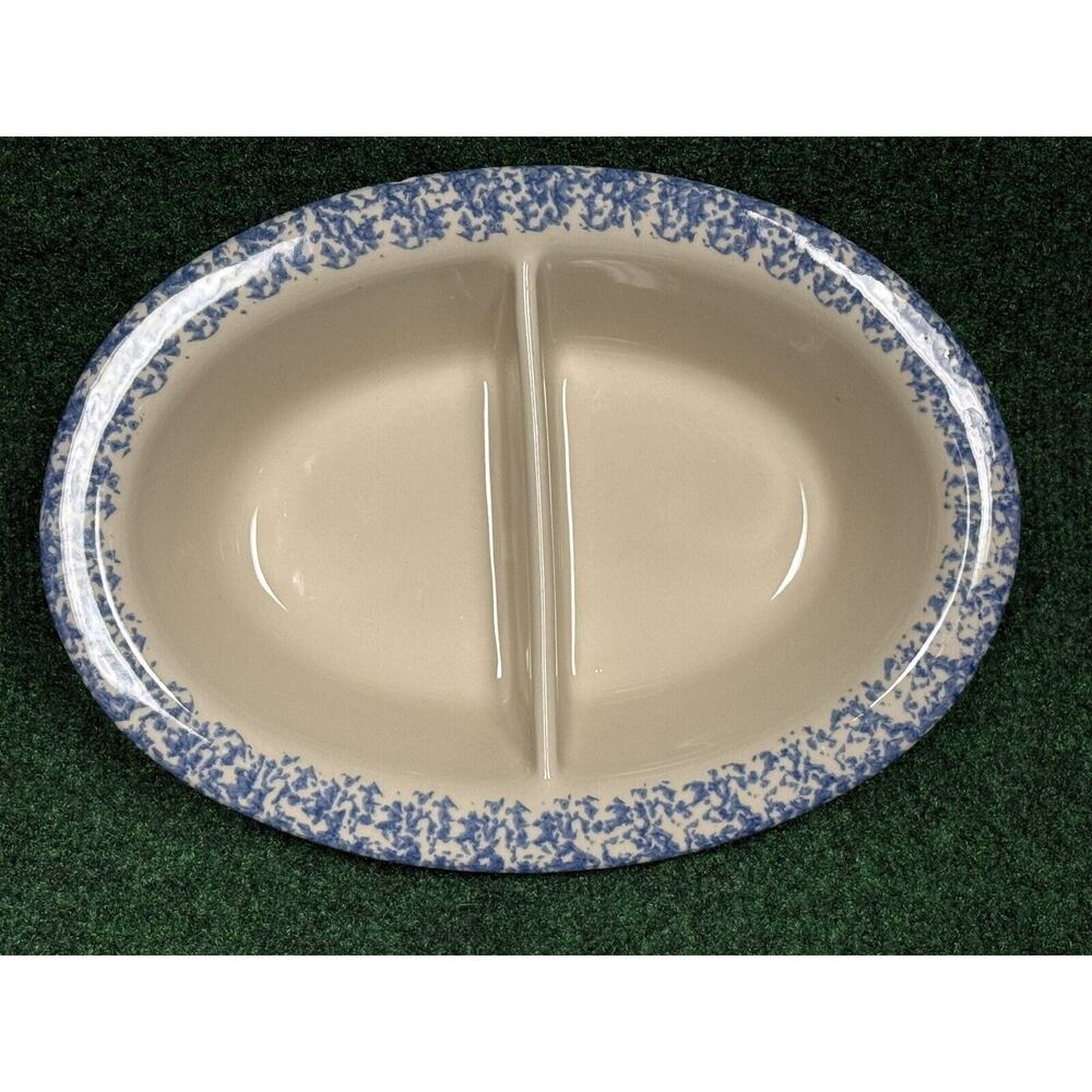 Gerald Henn Workshops Spongeware Oval Divided Dish BLUE Stoneware Roseville